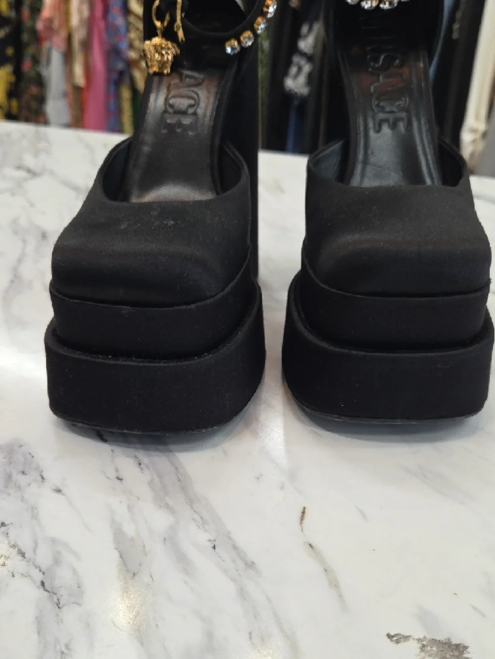 Versace Black Suede Platform Pumps with Crystal Ankle Strap